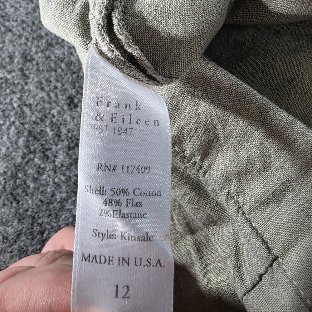 Frank & Eileen Kinsale Pants Italian Performance Linen Sage Green 12 Womens USA - Picture 5 of 10